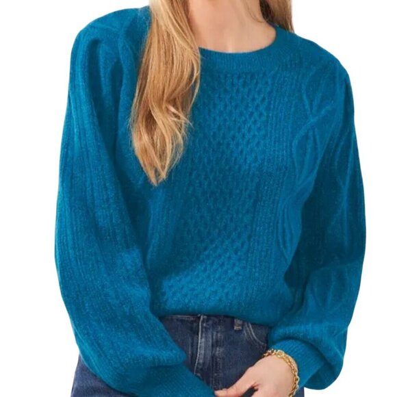1. State NWT Variegated Cables Crew Sweater Teal Balloon Sleeve Size L - Picture 1 of 9
